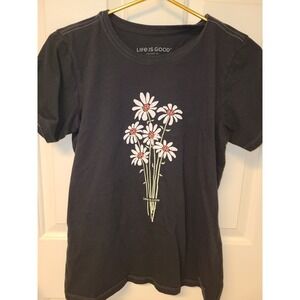Life is Good Women's Ladybug Daisy Bunch tshirt black Garden Girly Sz Small